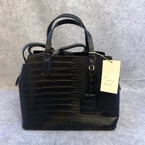 NWT A New Day Black Vegan Leather Handbag, Faux Crocodile Purse Adjustable - Picture 1 of 14